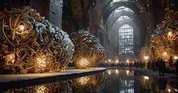 an artistic building with large illuminated trees