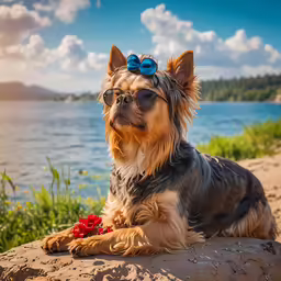 a dog sitting on top of a sandy beach near the water