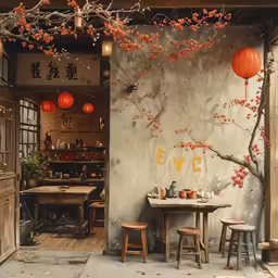a view of an asian restaurant with a small table in the middle
