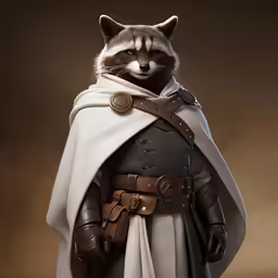 a racoon dressed up in armor and wearing a cloak