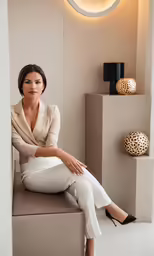 a woman in a white suit and heels sitting on a bench