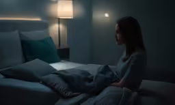 a woman sitting in bed with a blanket over her