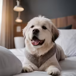 an adorable little dog laying on top of a bed