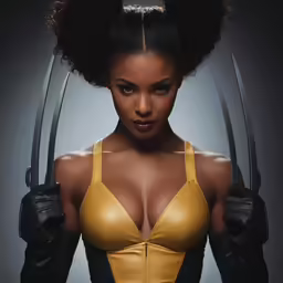 a young woman dressed in a leather outfit with a pair of scissors on her fingers