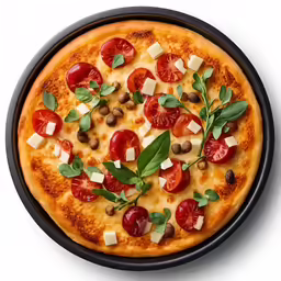 a close - up of an appetizing pizza with tomatoes, black olives, cheese, and herbs
