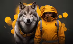 two boys dressed in yellow standing with one of them wearing a yellow jacket and the other is wearing a black raincoat and one is wearing a yellow