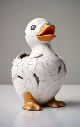 a white, orange and black rubber duck with crack holes on its head