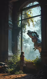 a child looks up at an alligator in a window