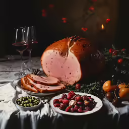 a large loaves of meat, bread and other food items are sitting on a table