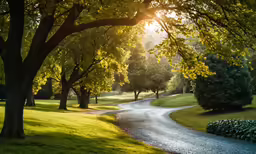 a path through the grass to a road surrounded by trees