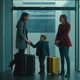 a family are waiting in an elevator to see their suitcases
