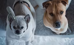 two dogs on carpeted stairs looking up