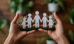 a family holding out paper cutouts and a bunch of flowers