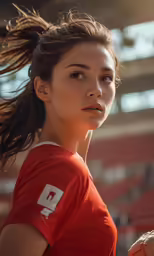 a young woman wearing a red shirt holding her hands together