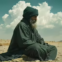 a bearded man sitting on the ground, in the desert