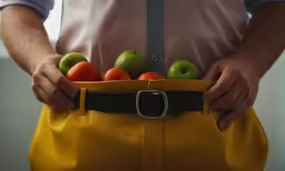 an image of man in apron showing apples and tomatoes