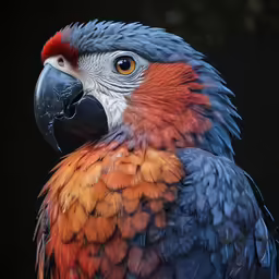 a brightly colored parrot sitting in front of a black background