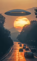 a large disk of food flying over cars on a road