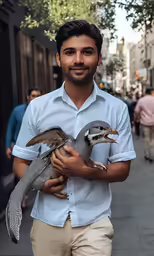a man standing on the street holding two birds