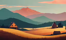a landscape with farm houses and mountains,a painting of a cabin at sunset in the mountains