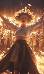 woman with flame lit hair dancing on stage