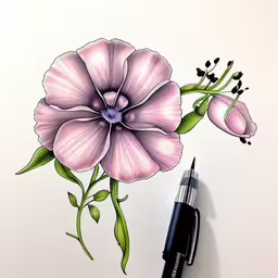 a large flower drawing on a white wall,a drawing of a pink flower on the wall