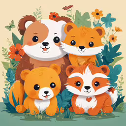 a family of three cute little animals in a flowery garden,a group of cute bears are standing together