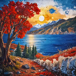 painting showing a landscape with mountain scenery and water