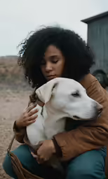 a black woman hugging her dog on the beach
