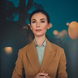 a woman standing and holding her hands together