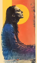 there is a painting of the native woman in front of a sunset