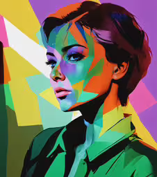 a woman in a green shirt with bright colors,a photo of a woman