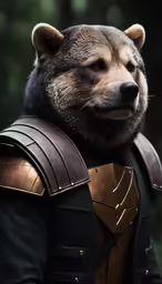 a large brown bear wearing armor and posing for a picture