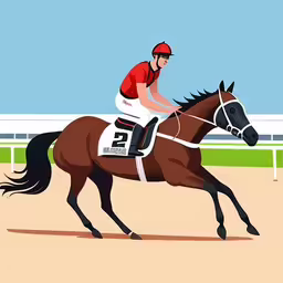 a man riding a brown horse down a race track,horse and jockey race down a track in an equestrian event