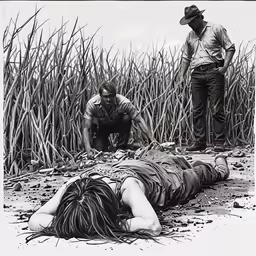 two men working with a corpse on the ground
