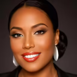 a black woman wearing earrings, an orange lipstick and makeup