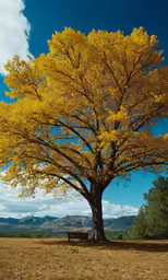 the yellow tree is beside of the bench