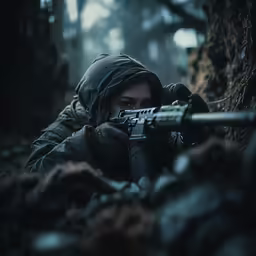 a woman holding a rifle in her hands