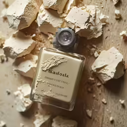 a bottle of maboure sitting on a table with rocks behind it