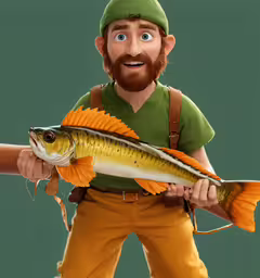 a cartoon guy in uniform holding a fish,the man has beards and is holding a fish