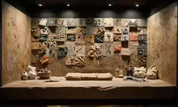 a long table is in a room with pieces of paper attached to the wall