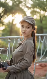 the girl is posing with a camera on a bridge