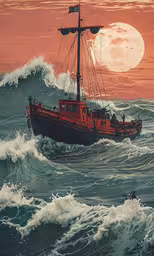 a boat in the ocean with the moon above it,a boat is floating in the ocean with waves