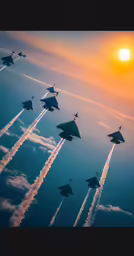 many military planes are flying near each other in the sky