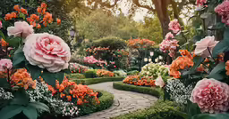 pink and red flowers sitting on top of green shrubs