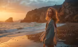 a woman stands on the beach as the sun sets