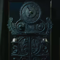 a metal sculpture with an ornately carved frame and clock on top