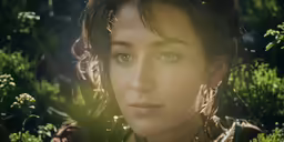 a beautiful woman standing in a green forest