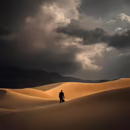 a person stands in the middle of sand dunes