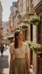 woman looking away in the city looking around